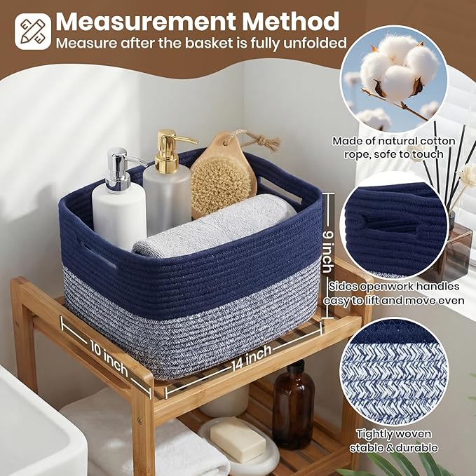 Storage Baskets for Organizing, 14 x 10 x 9” Closet Shelf Woven Baskets, Square Bins with Handles, Cotton Rope Basket for Toys, Clothes, Office, Room, Grey+Blue 1 Pack