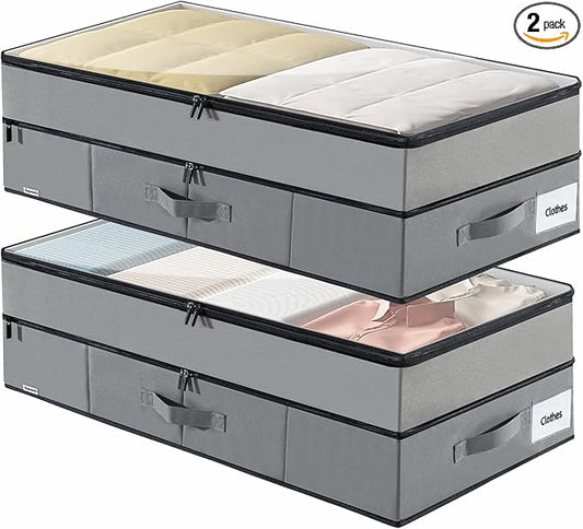 Large Under Bed Storage Containers, 2-Pack Double Layer Underbed Storage Bins with 3 Handles, 70L Extensible/Closed Clothes Storage Organizer with Sturdy Bottom Sidewalls, Grey