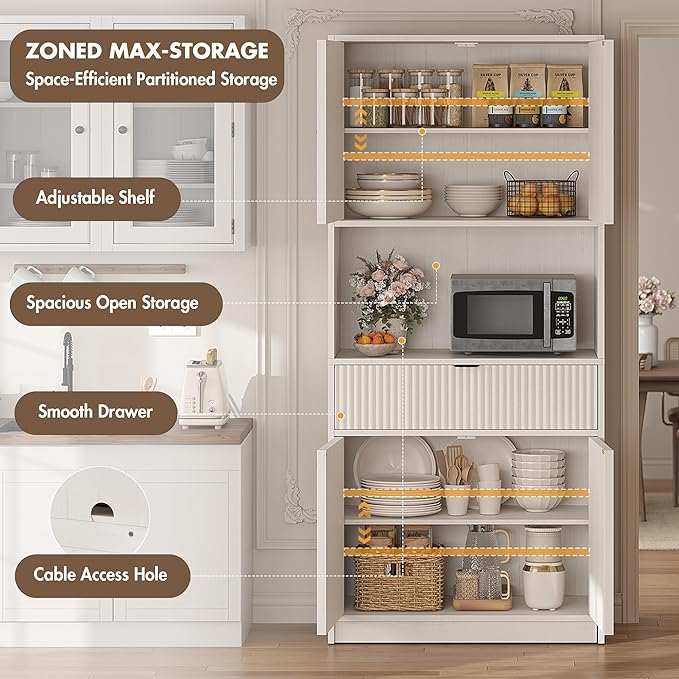 Garvee Tall Kitchen Pantry Cabinet, 70" Pantry Storage Cabinet with Countertop, Fluted Kitchen Hutch Cabinets with Doors and Drawer, Freestanding Cupboard for Dining Room, Living Room, Antique White
