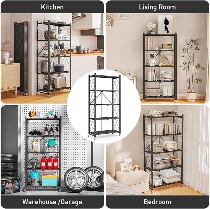 Folding Shelf Foldable Shelves with Wheels - Folding Shelves No Assembly , Collapsible Shelf Unit Display, Kitchen Organizers and Storage, Pop Up Heavy Duty Rack , 5-Tier Black 28"D x 14"W x 63"H