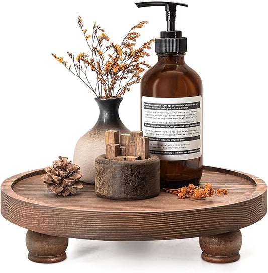 EOSAHR Rustic Pine Wood Riser for Kitchen Counter - Farmhouse Round Pedestal Stand Apply to Home Essentials - Bathroom Tray for Bathroom Decor (Vintage Brown)