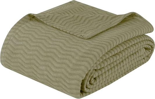Superior JENA Cotton Blanket, for Picnic, Beach, Traveling or Camping, Bedroom Decor, Essentials, Cover for Bed, Couch, Lounging, Textured Jacquard, Modern Chevron Woven Blanket, Full/Queen, Sage