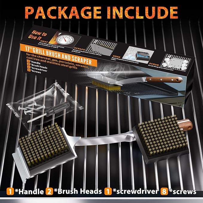 Grill Brush and Scraper for Barbecue, 17" Grill Brush for Outdoor Grill, Extended Rosewood Handle and 2 Replaceable Copper Wire Brush Heads, Grill Cleaning Brush Grill Accessories for Most Grill