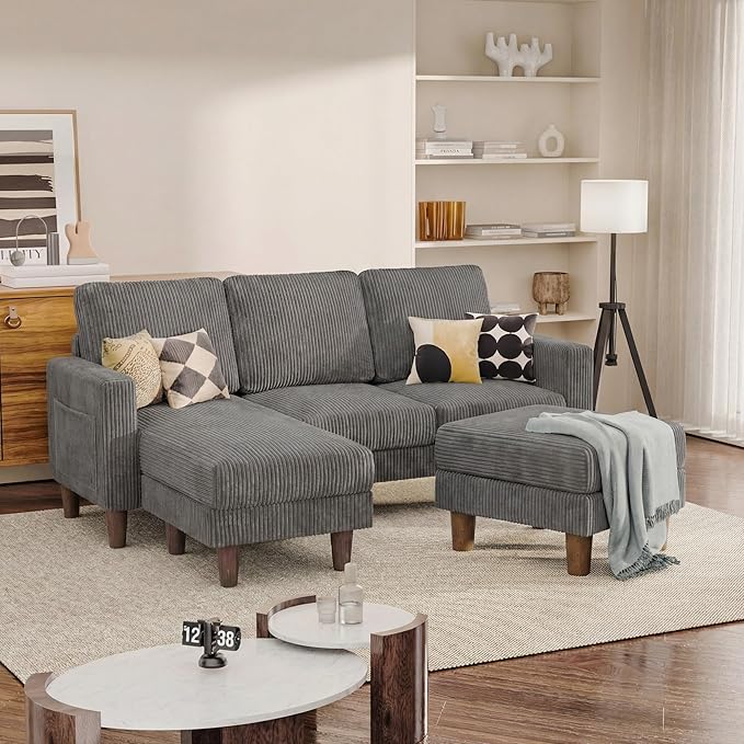 L Shape Sectional Sofa Couch, 3 Seat Convertible Sofa with Movable Ottoman and Side Storage Pockage, Modern Sofa Small Couches for Living Room & Apartment and Small Space (Corduroy, Dark Grey)