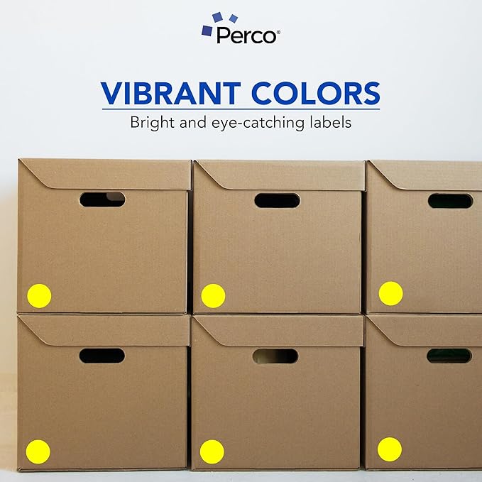 Perco Fluorescent Yellow 2-Inch Round Sticker Labels with Easy Peel Perforation - 500 Labels per Roll - Strong Adhesion, Vibrant Colors for Organizing, Crafting & More - Made in USA