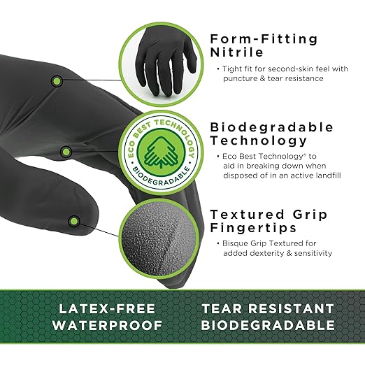 SHOWA 6112PF Sustainable EBT Latex-Free, Powder-Free, Nitrile Disposable Single Use Safety Gloves, 4 Mil, 9.5" Length, Black, X-Small, (1 Box/100 Gloves)