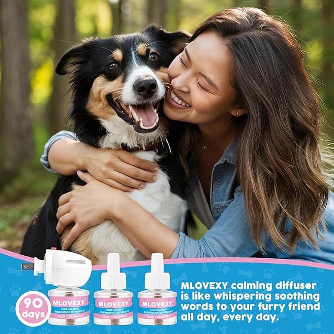Dog Pheromones Calming Diffuser, 4 in 1 Kit Dog Calming Diffuser to Relieve Stress,Calming Diffuser for Dogs to Reduce Aggression Fighting Barking (3 Refills,1 Diffuser and 90 Days)