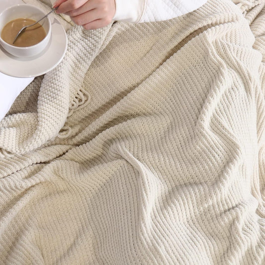 Chenille Knit Throw Blanket — Cream/White, Boho Soft, 50×60"