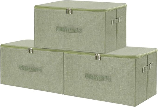 ANMINY 3PCS Storage Bins with Zipper Lids 36 Qt Lidded Fabric Storage Boxes Baskets Cubes with Handles Collapsible Washable Cotton Linen Closet Shelf Clothes Organizer Containers - Green, Large