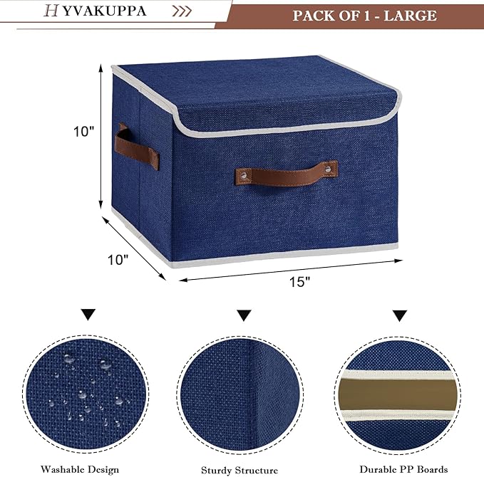 2PCS Collapsible Storage Boxes Baskets with Lid Cotton Linen Fabric Storage Bins with Faux Leather Handles Washable Cube Organizer Container for Home Closet Bedroom (Blue, Large Size)