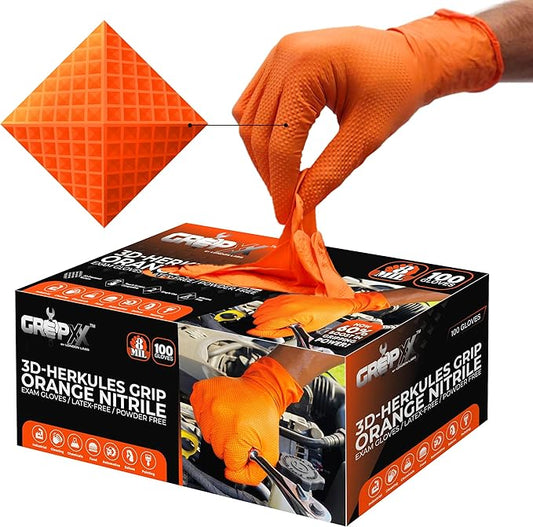 Herkules Grip Heavy Duty 8Mil Orange Nitrile Gloves,3D Raised Diamond Texture-Latex & Powder Free-Industrial, Mechanic (1, Large)