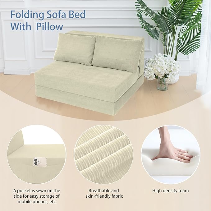 Sofa Bed Foldable Mattress ，Folding Sleeper Sofa Chair Bed Floor Mattress with Pillow for Living Room Home Office (Off White- Corduroy, Twin XL)