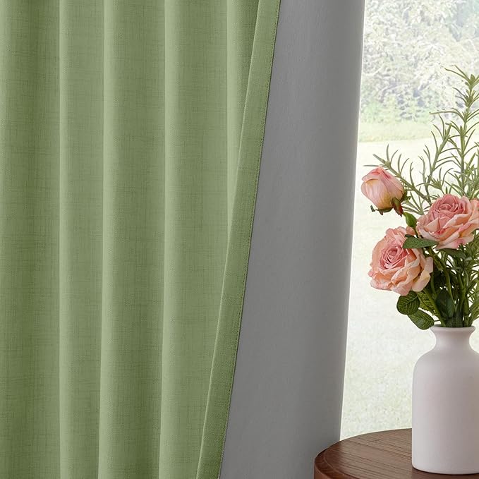 INOVADAY 100% Blackout Curtains for Bedroom, Black Out Curtains 84 Inch Long, Clip Rings Linen Blackout Drapes, Thermal Insulated Room Darkening for Living Room, 2 Panels - Sage Green,W50xL84
