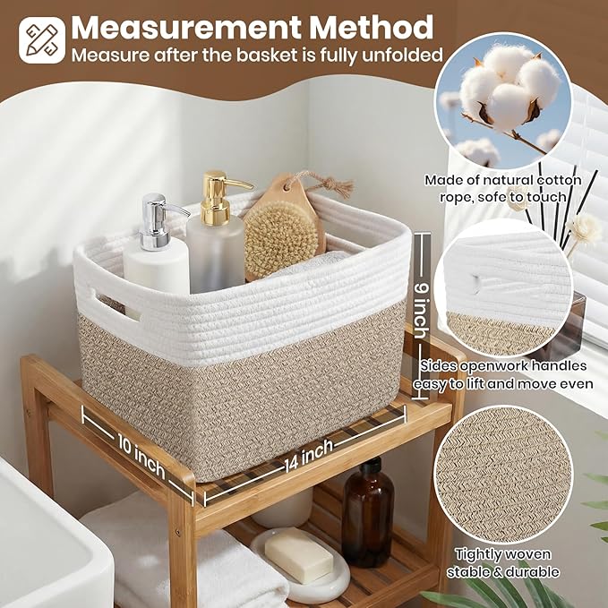 Storage Baskets for Organizing, 14 x 10 x 9” Closet Shelf Woven Baskets, Square Bins with Handles, Cotton Rope Basket for Toys, Clothes, Office, Room, White+Rice Brown 4 Pack