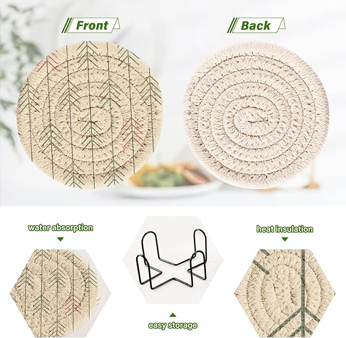 Handmade Cotton Absorbent Coaster Set of 6, Christmas Geometric Trees Drink Coasters, Minimalist Home Decor for Coffee Table, Kitchen, Housewarming and Wedding Registry Ideas