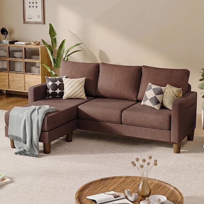 JUMMICO L Shape Sectional Sofa Couch, 3 Seat Convertible Sofa with Movable Ottoman and Side Storage Pockage, Modern Sofa Small Couches for Living Room & Apartment and Small Space (Linen, Brown)