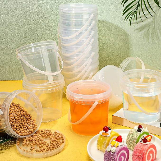 Skylety 24 Pcs Ice Cream Tub with Lid and Handle, 32oz Plastic Freezer and Microwave Safe Food Storage Containers, Airtight Pails Container for Snacks Deli Food Fruit, Leakproof Bucket (Clear)