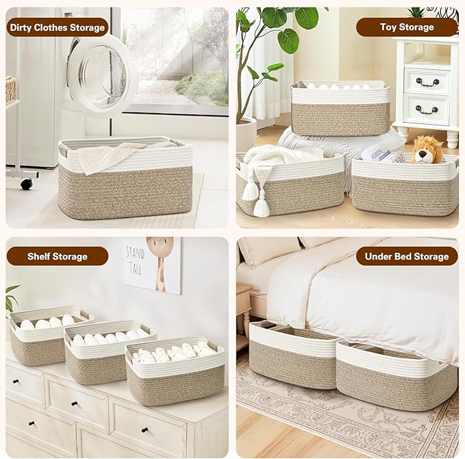 4 Pack Large Storage Basket for Organizing, 17.5"x13"x7" Woven Basket for Shelves, Closet Cube Storage Bins with Wrapped Handle, Cotton Rope Baskets for Kitchen, Clothes, Toys(Off White & Brown)