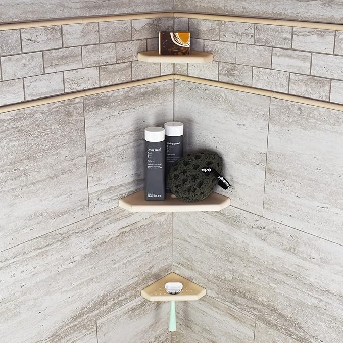 Questech 8" Corner Shower Shelf - Lugged for New Construction, Shower Organizer for Tiled Walls, Corner Caddy Soap Dish Bathroom Storage, Geo Lugged, Sand Matte