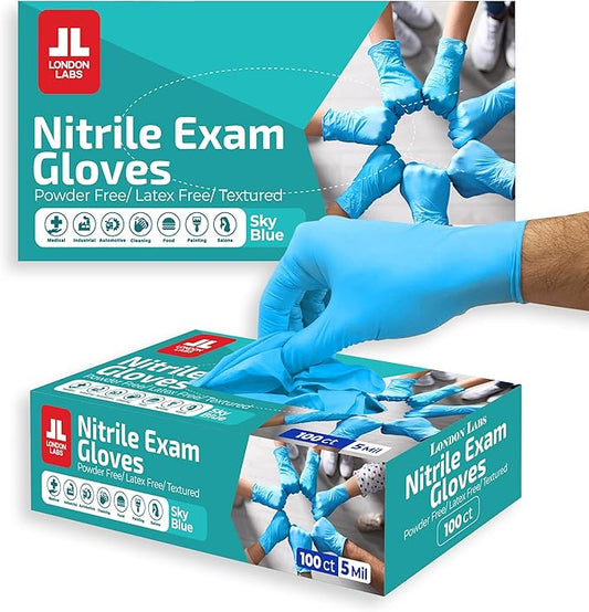 Sky Blue 5 Mil Nitrile Exam Gloves Disposable Latex Free | Medical Rubber Gloves for Doctors, EMT, First Aid Kit, Food Service & Cleaning | Pack of (200 CT)