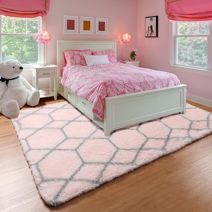 ONASAR Rugs for Living Room Bedroom, 5x8 Fluffy Pink and Grey Area Rug, Geometric Boho Soft Plush Shaggy Fuzzy Floor Carpet for Nursery Kids Girls Boys Teen Dorm Home Decor Aesthetic