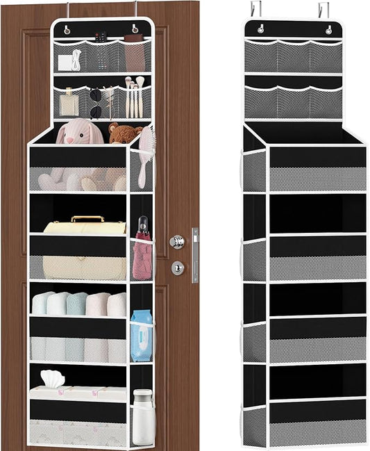 6-Tier Over the Door Organizer with Mesh Pockets, Baby Nursery Storage for Closet, Bathroom and Bedroom, Adjustable Hanging Closet Organizer for Cosmetics, Books and Essentials（Black）