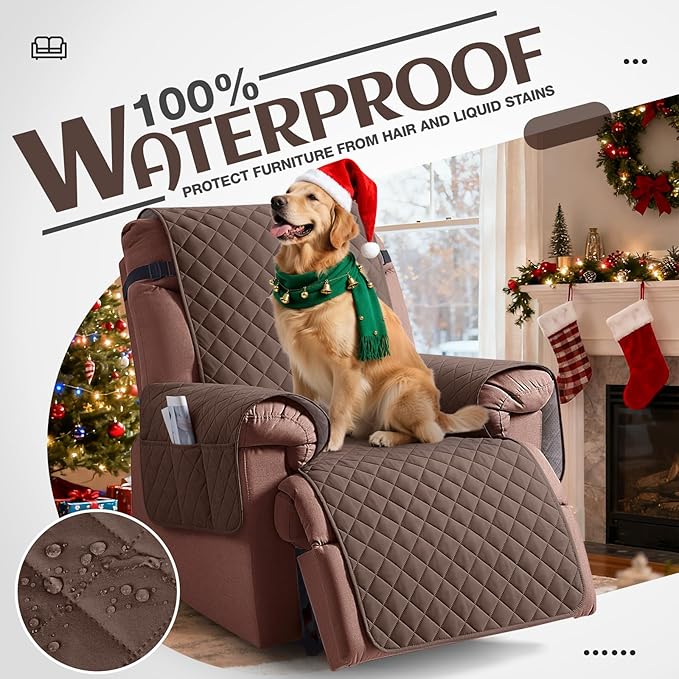 KinCam 100% Waterproof Recliner Chair Cover, Reclining Couch Covers for Pets, Dogs, Recliner Couch Slipcover Furniture Protector with Elastic Straps for Kids(23.6", Deep Brown)