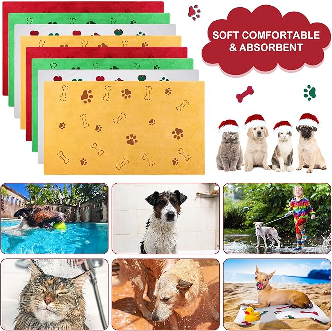 8 Pcs Dog Towels for Drying Dogs Cats Pet Towels Bulk Puppy Microfiber Fast Drying Paw Bath Bathing Supplies Absorbent for Medium Pets (Christmas Color,40 x 24 Inch)
