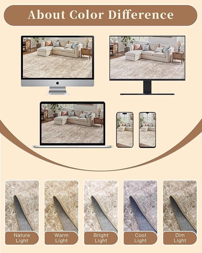 Madane 2x6 Runner Rug for Kitchen, Washable Vintage Hallway Rug with Non-Slip Rubber Backing, Soft Low Pile Throw Carpet Runner for Entryway Laundry Bathroom Bedroom Living Room (2 x 6, Beige/Brown)