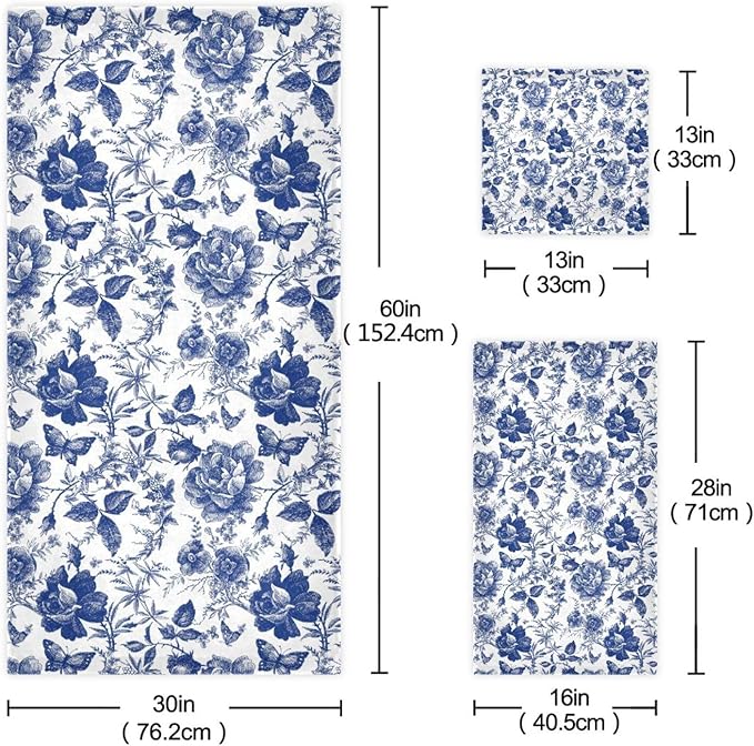 3 Piece Navy Blue Floral Leaves Bath Towel Set,Microfiber Decorative Vintage Chinoiserie Rose Flowers Leaf Bathroom Towels,1 Bath Towel 1 Hand Towel for Bathroom Kitchen,1 Washcloth for Face