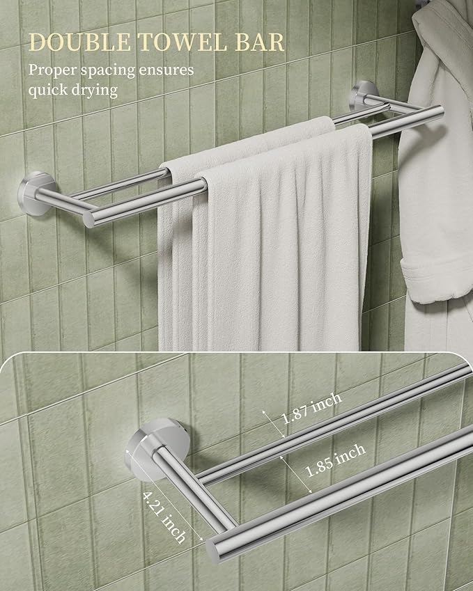 Bathroom Hardware Accessories Set 5 Pieces Polished Chrome 24" SUS 304 Stainless Steel Bath Double Towel Holder Bar Set Towel Rack Combination Wall Mounted for Kitchen, Laundry, Bedroom