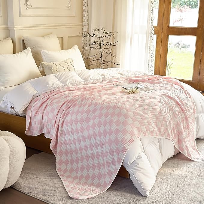 SANACYNA 100% Cotton Muslin Throw Blanket 6-Layer Gauze Pink Checkered Bed Blanket Lightweight Soft Breathable Cooling Blanket for Sofa Couch Both Sides (Pink Checkerboard, Throw 50"x60")