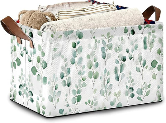 Eucalyptus Storage Basket,Leaves Collapsible Storage Bin Cubes for Living Room Bedroom Blankets Home Storage 17x11.5x10Inch