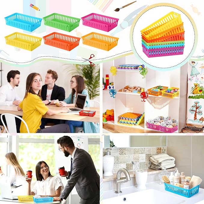 Wenqik Set of 12 Small Plastic Baskets for Organizing 10.24 x 6.5 x 2.36 Inch Pharmacy Baskets Rectangular Trays Plastic Organizer for Office Pharmacy Dorm Kitchens, Closets Shelves(Colorful)