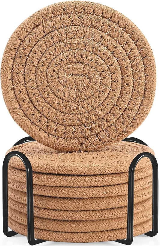 ABenkle 8 Pcs Drink Coasters with Holder, Cotton Woven Absorbent Coasters for Drinks, Minimalist Home Decor Coaster Set for Wooden Tabletop Protection Table, 4.3 inches Brown