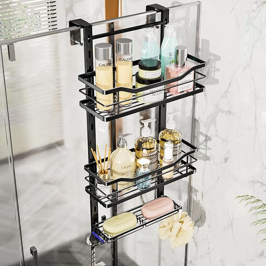 SWTYMIKI Over the Door Shower Caddy - 3 Tier Adjustable Shower Organizer Hanging with Soap Holder, No Drilling Stainless Steel Bathroom Rack Hanging for Body Wash, Shampoo, Soap, Razor, Black