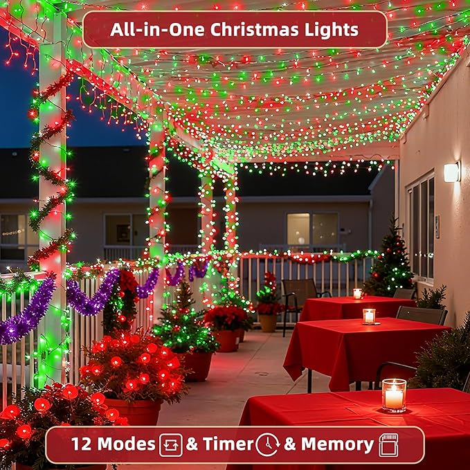 240ft Outdoor Christmas Lights, 750 LED Super Long String Lights 12 Modes & Timer Memory, Dimmable Outsite Waterproof Light Strings for Xmas Tree Garden Wedding Party Holiday Decorations Red & Green