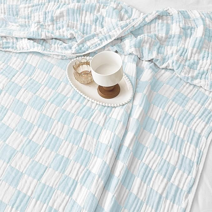 SANACYNA Muslin Blanket King 100% Cotton 6-Layer Gauze Sky Blue Grid Bed Blanket Lightweight Soft and Breathable Blanket for Sofa Couch Bed Coverlet Both Sides (Sky Blue, King 90" X 104")