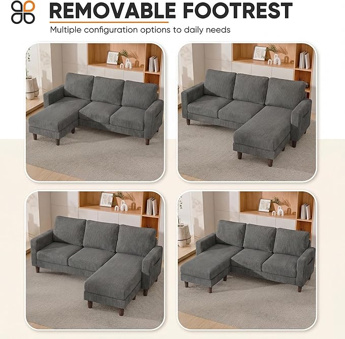 L Shape Sectional Sofa Couch, 3 Seat Convertible Sofa with Movable Ottoman and Side Storage Pockage, Modern Sofa Small Couches for Living Room & Apartment and Small Space (Corduroy, Dark Grey)