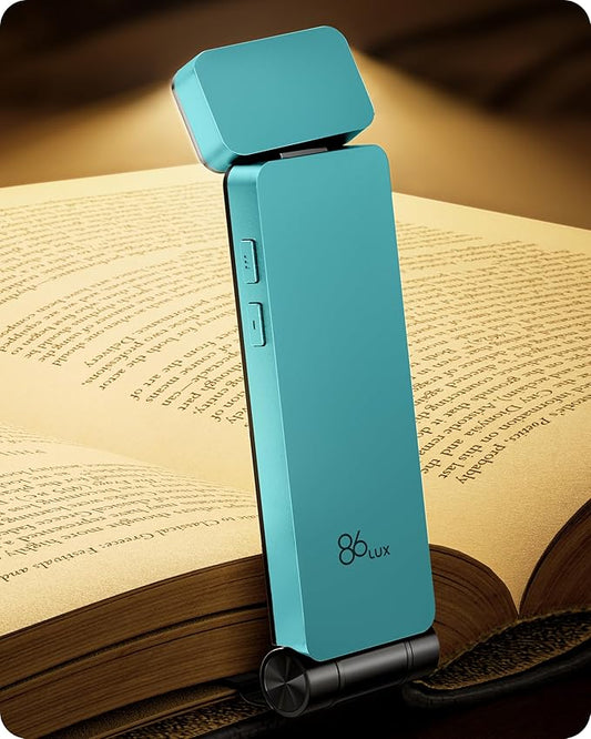 86lux Book Light, Rechargeable Clip-On LED Reading Light for Bed & Night Use - 3 Color Temperatures with Stepless Dimming, Ultralight Bookmark Design for Kids, Book Lovers, Cyan