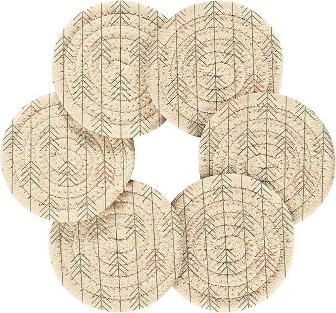 Handmade Cotton Absorbent Coaster Set of 6, Christmas Geometric Trees Drink Coasters, Minimalist Home Decor for Coffee Table, Kitchen, Housewarming and Wedding Registry Ideas