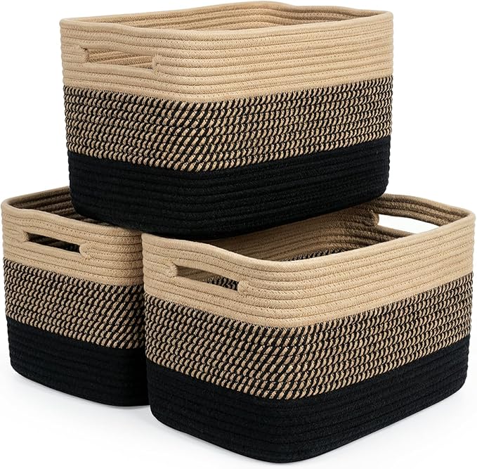 Storage Baskets for Organizing, 14 x 10 x 9” Closet Shelf Woven Baskets, Square Bins with Handles, Cotton Rope Basket for Toys, Clothes, Office, Room, Black+Brown 3 Pack