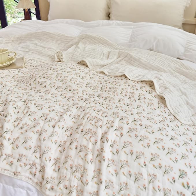 SANACYNA Muslin Blankets 100% Cotton 6-Layer Gauze King Floral Pattern Bed Blanket Lightweight Soft Breathable Decor Quilt for Sofa Couch Coverlet All Season (Floral A, King 90" X 104")