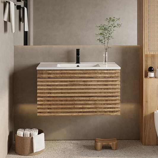 eclife 36" Floating Bathroom Vanity with Sink Combo Mid-Century Wall Mounted Cabinet with Wood Stripes Decor, Drawers, Undermount Sink, Faucet, Drain, Light Walnut