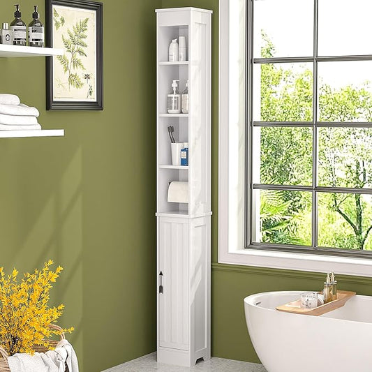 VECELO Tall Narrow Storage Cabinet with Adjustable Shelves, Slim Freestanding Bathroom Cabinet with Toilet Paper Holder, Magnetic Door, for Small Spaces, 7.9" D x 7.9" W x 71" H, Pearl White