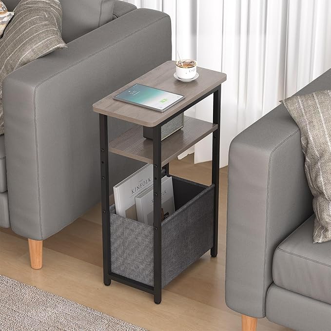 Narrow Side Table, Skinny End Tables with Fabric Basket, Small Side Tables for Small Space, 2-Tier Open Shelves with Basket, Slim Nightstands for Bedroom,Living Room,Office, Grey