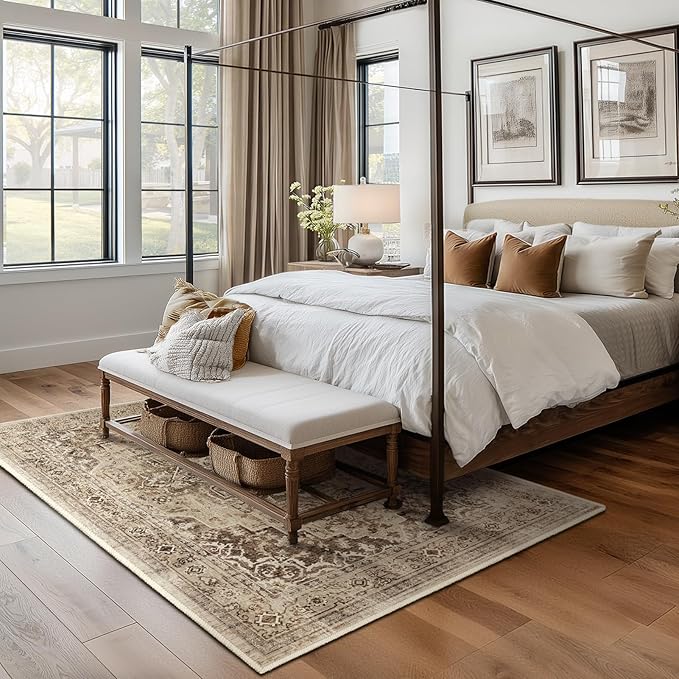 Brown Medallion 5x7 Area Rugs for Living Room, Washable Non Slip Bedroom Rug with Distressed Medallion Pattern, Low Pile Thin Carpet Rugs for Dining Room/Kitchen/Home Office, Taupe Brown Black
