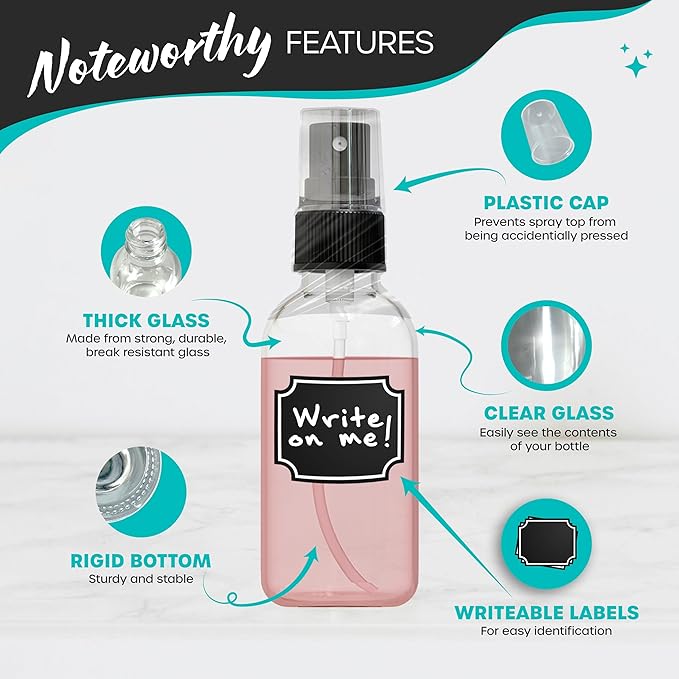 2 Oz Dropper & Spray Clear Glass Bottles w/Funnels, Cleaning Brushes, Label Stickers & Markers Bundle