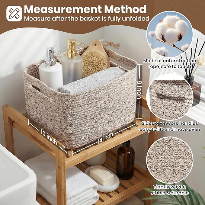 Storage Baskets for Organizing, 14 x 10 x 9” Closet Shelf Woven Baskets, Square Bins with Handles, Cotton Rope Basket for Toys, Clothes, Office, Room, Brown 1 Pack