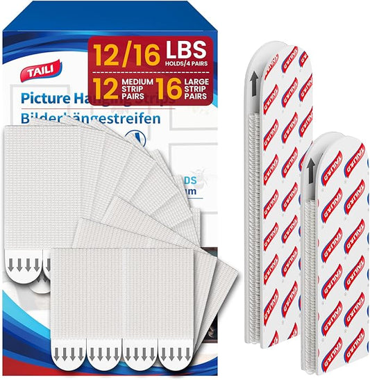 TAILI Picture Hanging Strips Heavy Duty, 16 Pairs Large & 12 Medium (28 Pairs, 56 Strips) Frame Hangers Kits for Walls, Without Nail, Damage Free Adhesive Decor, Art, Mirror